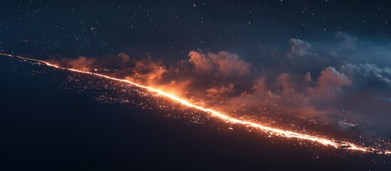 A bright, illuminated city at night with starry sky, bordered by clouds, extending at an angle