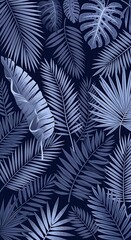 Diverse collection of jungle foliage rendered in shades of cool blue and dark background
