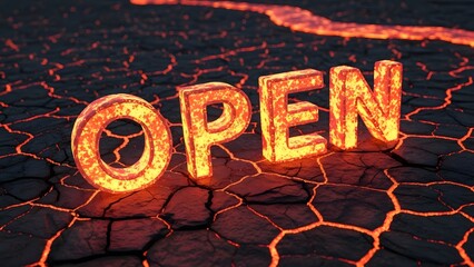 Glowing Open Sign on Cracked Earth Surface at Night