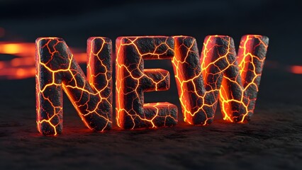 Fiery lettering spelling 'NEW' on a dark volcanic terrain at dusk