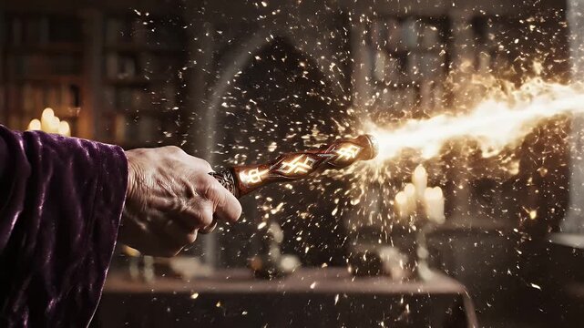 Magical spell casting sequence with a wand emitting golden sparks in a library setting