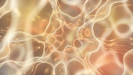 Abstract glowing network of interconnected fibers and cells in a vibrant orange and yellow background