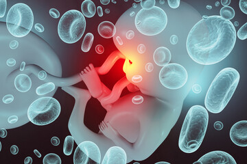Human Fetus with Placenta and Umbilical Cord on a Red Blood Cells Background. Conceptual 3D medical illustration of fetal development, maternal circulation, and prenatal health.