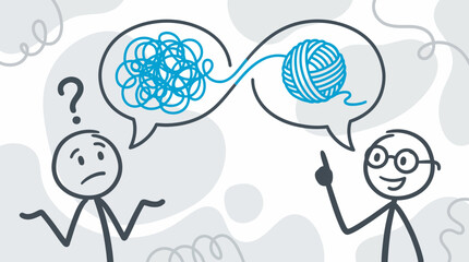 Stick figures showing complex tangled yarn converting to organized simple ball representing problem-solving process, concept for business consulting, therapy sessions and simplification strategies