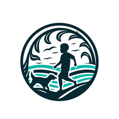 Boy and Dog Running on Beach Vector Logo Design