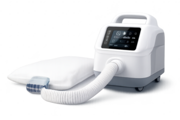 Medical device and pillow on a transparent background for respiratory use.