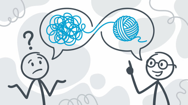 Stick figures showing complex tangled yarn converting to organized simple ball representing problem-solving process, concept for business consulting, therapy sessions and simplification strategies