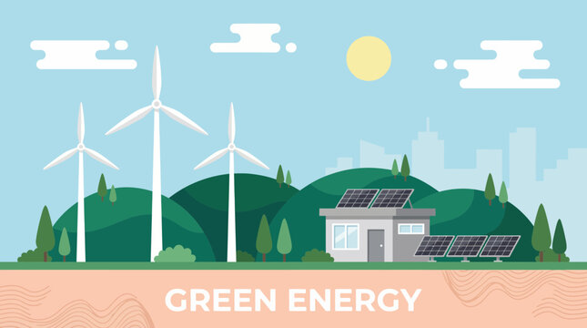 Flat vector illustration of wind turbines and a solar-powered house on green hills near a city, concept for renewable energy usage, sustainable technology development and environment conservation