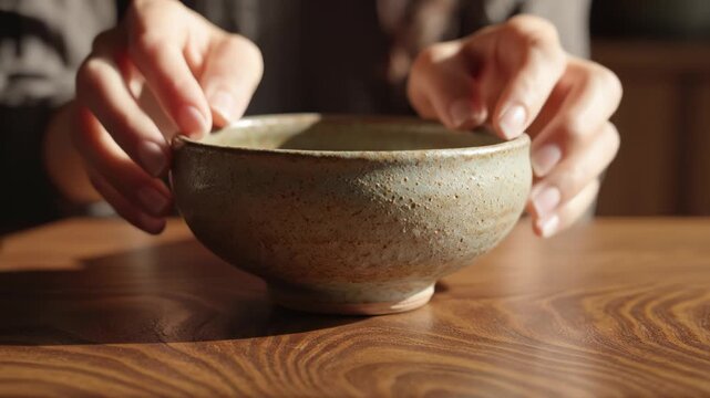 Hands holding a ceramic cup on wooden table