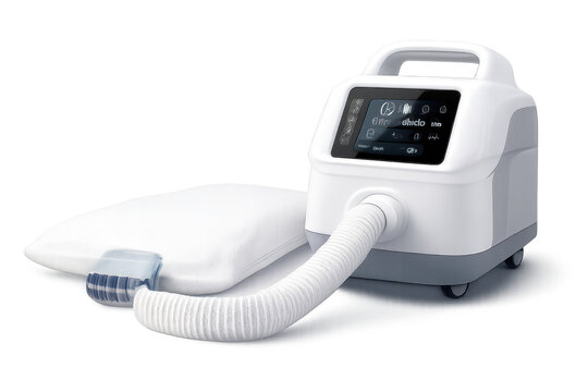 Medical device and pillow on a transparent background for respiratory use.
