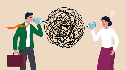 Manager and colleague show communication failure with tangled string between tin can phones, concept for corporate training, conflict resolution and business presentations