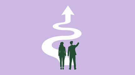 Silhouettes of executive managers standing before a difficult upward winding path leading to success arrow, concept for career progression, business strategy and future planning