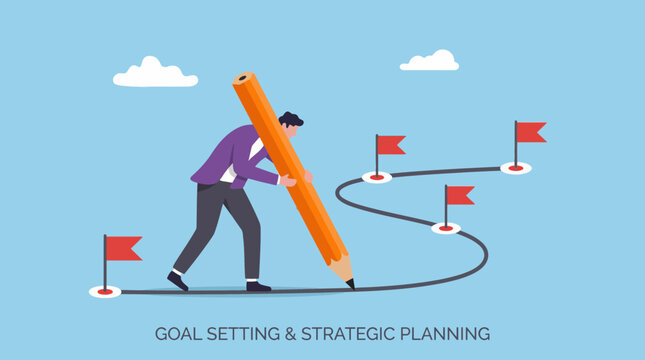 Corporate manager drawing the strategic path connecting milestones with a large pencil illustration, concept for business management, long term vision and project development