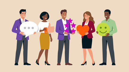 Obraz premium Diverse business team holding customer review icons including stars, chat bubble and smiley face, concept for satisfaction analysis, service quality and user experience