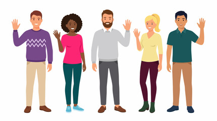Obraz premium Diverse group of smiling business professionals and office workers waving hello in flat vector illustration style, concept for team collaboration, employee relations and digital welcome pages