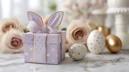 Gift box with ribbon and decorated eggs on marble table