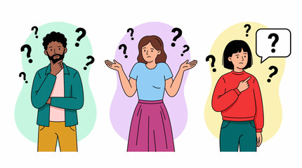 Diverse group of people expressing confusion and deep thought with floating question marks, concept for problem solving, corporate consulting and FAQ sections