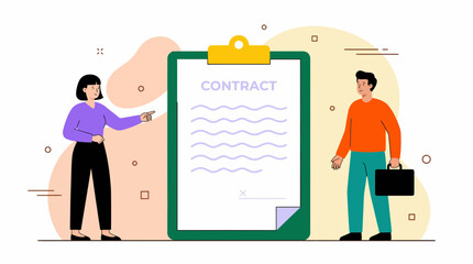 Female contract manager points out the details of a large contract document on a clipboard to a male businessman, concept for legal consultation, business agreement and employment signing