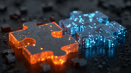 Two digital puzzle pieces interlock with glowing orange edges. Blue circuit board patterns illuminate surfaces. Represent technology integration, data flow connection, innovative solutions in modern