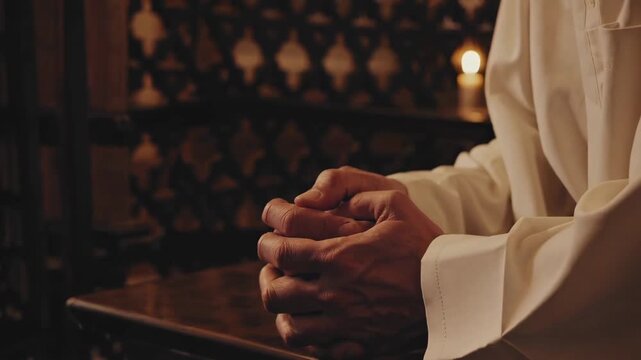 A quiet confession moment with a priest listening behind a screen, centered on prayerful hands and reflection.