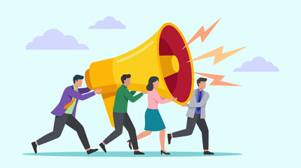 Business team carrying a giant yellow megaphone, symbolizing strong promotional outreach, concept for viral marketing, public announcement and corporate team advertising
