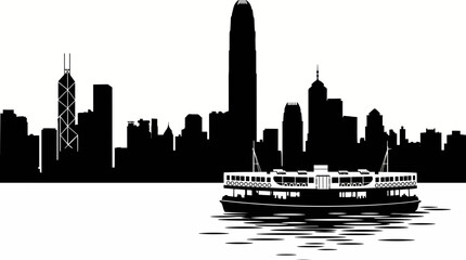 Graphic silhouette illustration of the Hong Kong cityscape with Star Ferry navigating Victoria Harbour, concept for Asian travel promotion, urban posters and financial district branding