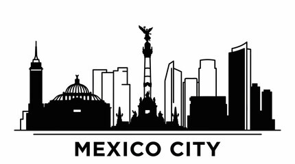 Black Mexico City skyline silhouette featuring Angel of Independence and modern towers against a clean white backdrop, concept for travel brochures, cultural event promotion and city branding assets