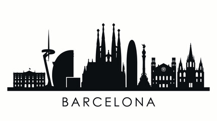 Detailed black vector silhouette of the Barcelona cityscape featuring iconic landmarks like Sagrada Familia and Agbar Tower, concept for travel guides, modern graphic design and city branding