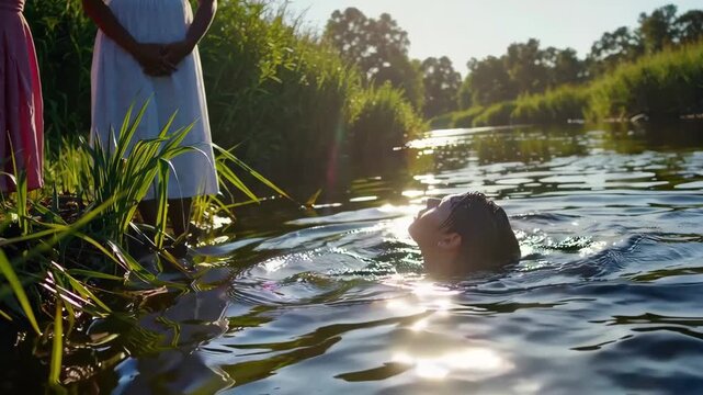 A baptism ceremony in a river with family present, expressing renewal, faith, and community.