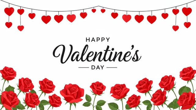 Happy Valentines Day Greeting Card with Red Roses and Hanging Hearts