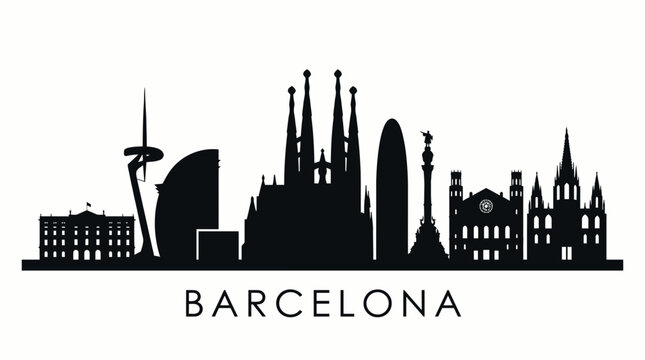 Detailed black vector silhouette of the Barcelona cityscape featuring iconic landmarks like Sagrada Familia and Agbar Tower, concept for travel guides, modern graphic design and city branding