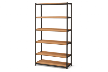 Tall Wood and Metal Shelf on transparent background with many levels