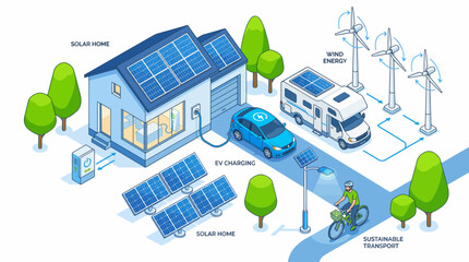 Isometric smart home system with solar panels, EV charging, wind turbines and sustainable transport, concept for renewable energy infographics, smart city design and environmental campaign
