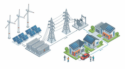 Smart grid isometric showing wind, solar, battery storage, towers and houses with EV charging, concept for energy sustainability, modern infrastructure and clean power planning