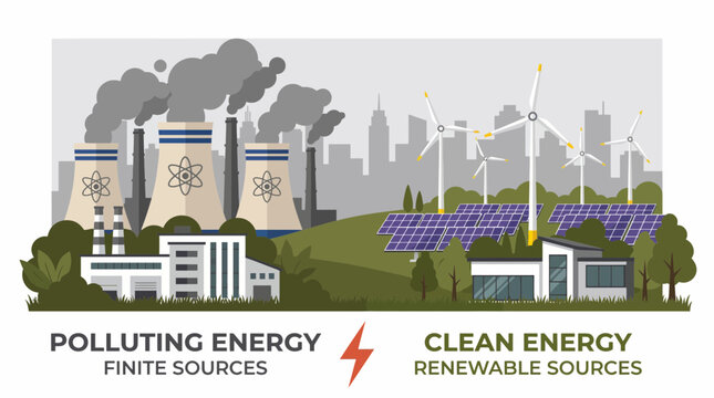 Graphic comparison of polluting finite energy versus clean renewable solar and wind power, concept for energy education, sustainability policy and environmental science - Powered by Adobe