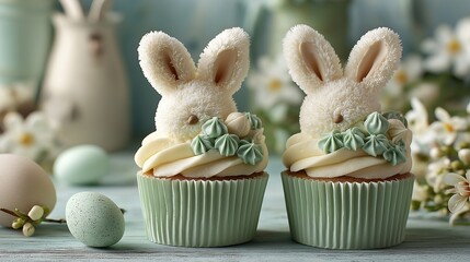 Cupcakes with bunny decorations and floral accents on a table