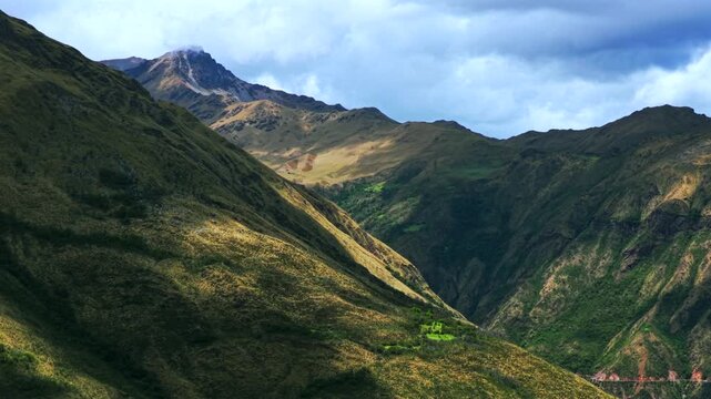 Soray Mount Humantay Salkantay trek Peru aerial drone Peruvian Andes high altitude snow capped glacier peaks Laguna Humantay Lake rainy season morning sunny cloudy circle right motion