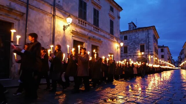 A candlelit devotional walk inspired by the Stations of the Cross, conveying reflection and communal faith.