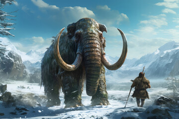 Primitive man and a mammoth in the mountains in the snow