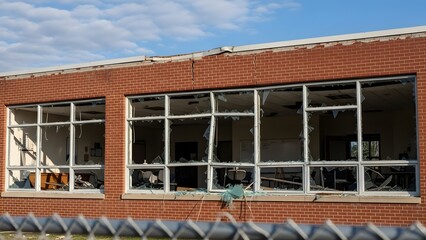 Red brick building with large broken windows and visible interior damage under a cloudy sky broken glass