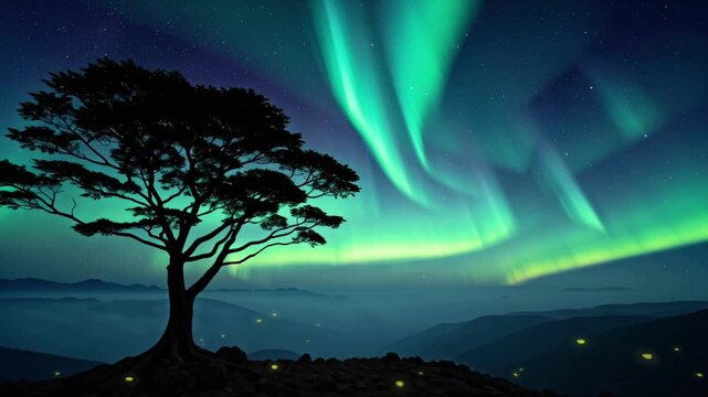 Silhouette Chilean Araucaria tree rocky hill, night sky ablaze auroras shooting stars, glowing fireflies hovering soft mist foreground, cinematic time lapse, vibrant neon colors, 4K smooth parallax