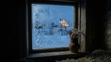Nativity Star Winter - Frosted window with candlelight and snowy village outside
