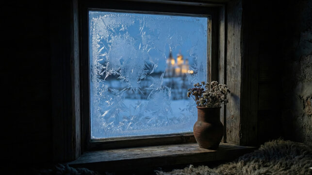 Nativity Star Winter - Frosted window with candlelight and snowy village outside - Powered by Adobe