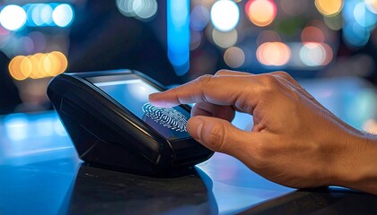 Close-up of a hand using a touchscreen device at night with bokeh lights.