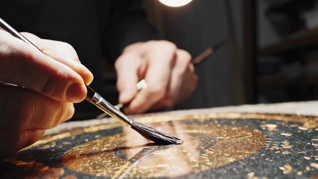 Close-up of hands carefully restoring an old religious icon, highlighting craftsmanship and preservation.