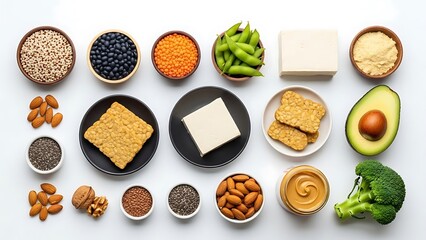 Variety of plant-based protein sources arranged on a pristine white surface