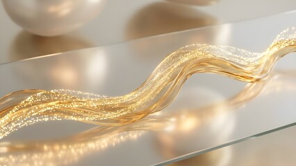 A golden wavy line flows across a reflective glass surface, creating a shimmering effect with light reflections.