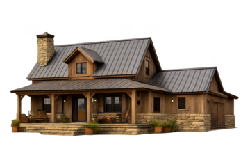 Cabin exterior with metal roof, transparent background, front view.