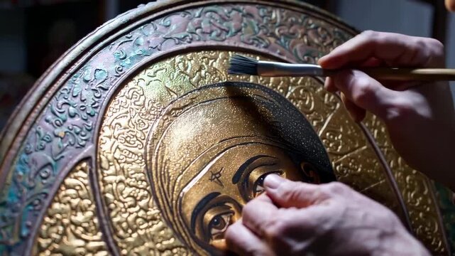 Close-up of hands carefully restoring an old religious icon, highlighting craftsmanship and preservation.