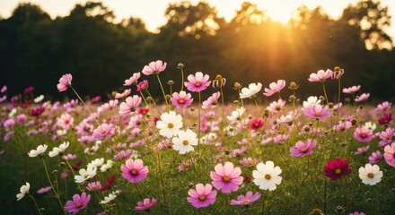 Fototapeta premium Sunlit field of cosmos flowers with varying shades of pink, white, and red blossoms